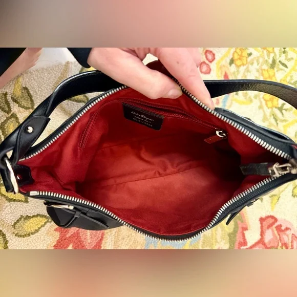 SALVATORE FERRAGAMO Silver Fittings Gancini Canvas Nylon Shoulder Bag Black/Red